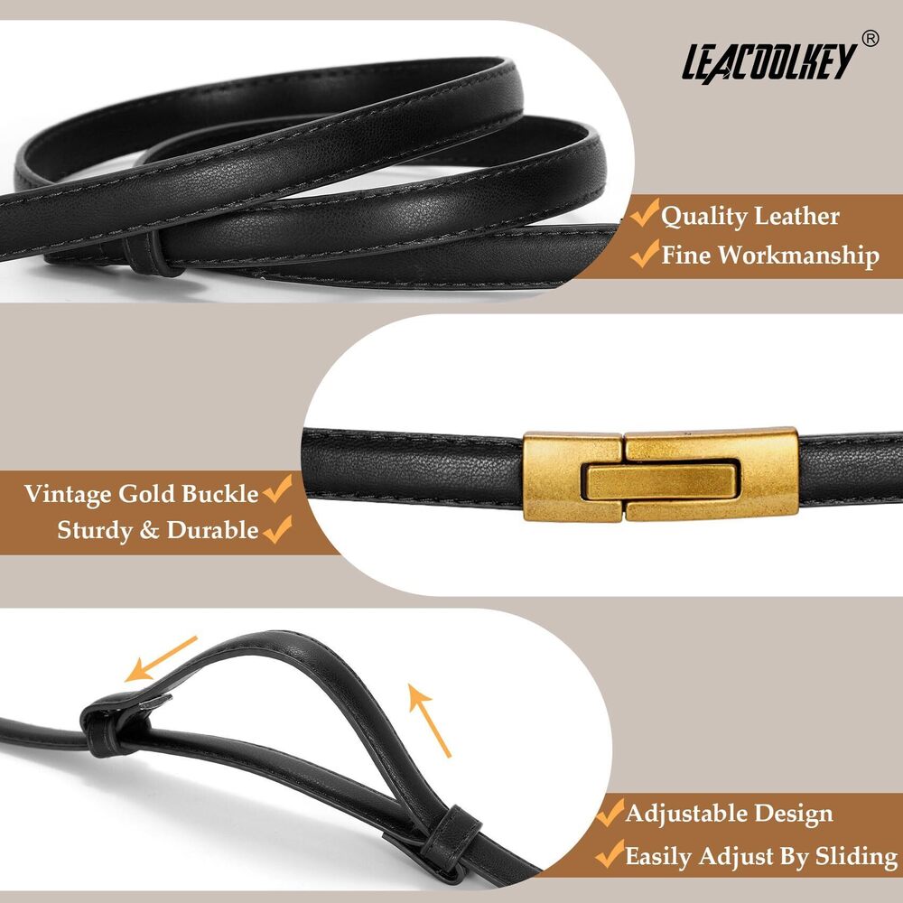 2387 2 Pack Women Skinny Leather Belts Ladies Vintage Gold Buckle Thin - Picture 3 of 6